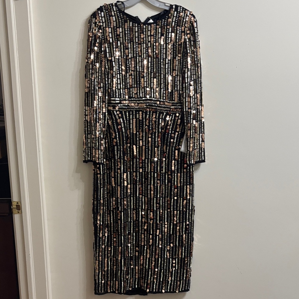 Mac Duggal Black and Gold Sequin Long Sleeve Dress